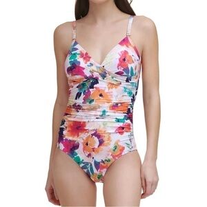 Calvin Klein ROSEBUD MULTI RAINBOW FLORAL Twist-Front One-Piece Swimsuit
